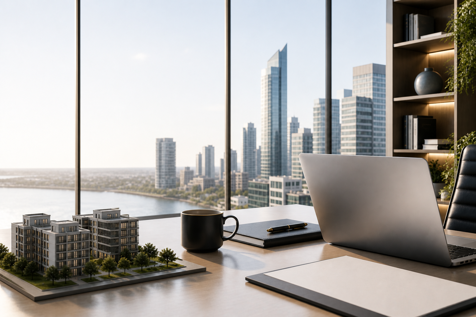 High-end real estate office overlooking a city skyline at daytime